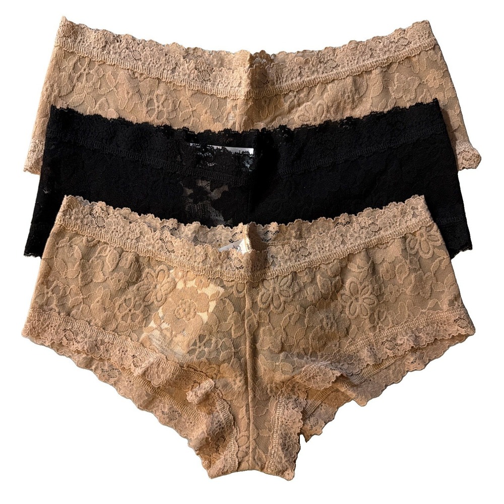 Hanky Panky Daily Lace Boyshort Panties 3-Pack Taupe & Black Size M NWT